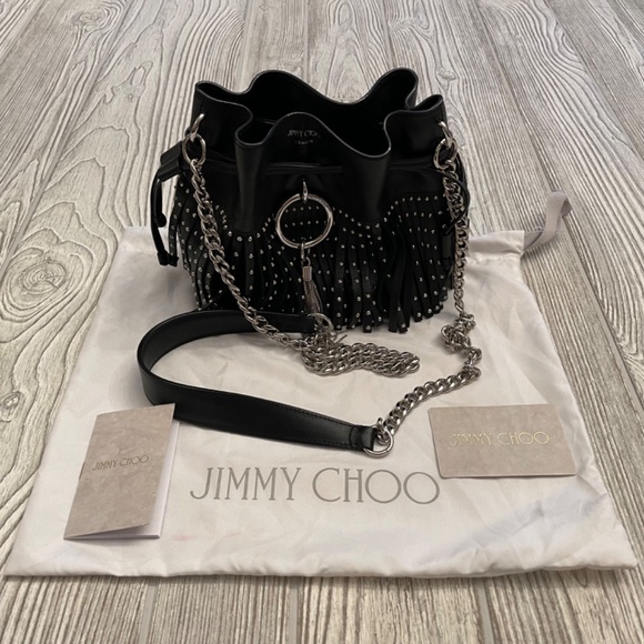 JIMMY CHOO Callie Studded Leather Bucket Bag Black & Silver - Picture 2 of 15